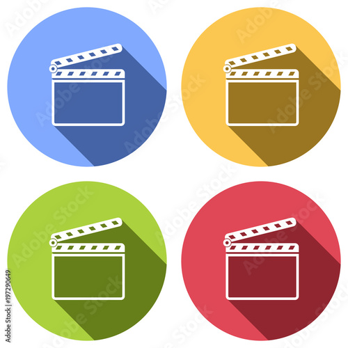 Film clap board cinema open icon. Set of white icons with long shadow on blue, orange, green and red colored circles. Sticker style