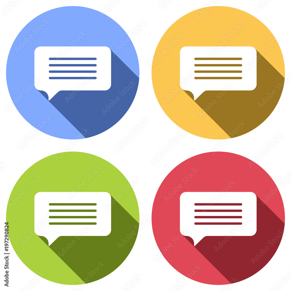 message cloud icon. Set of white icons with long shadow on blue, orange, green and red colored circles. Sticker style message cloud icon. Set of white icons with long shadow on blue, orange, green and red colored circles. Sticker style