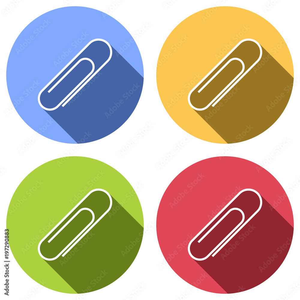 Paper clip icon. Set of white icons with long shadow on blue, orange, green and red colored circles. Sticker style Paper clip icon. Set of white icons with long shadow on blue, orange, green and red colored circles. Sticker style