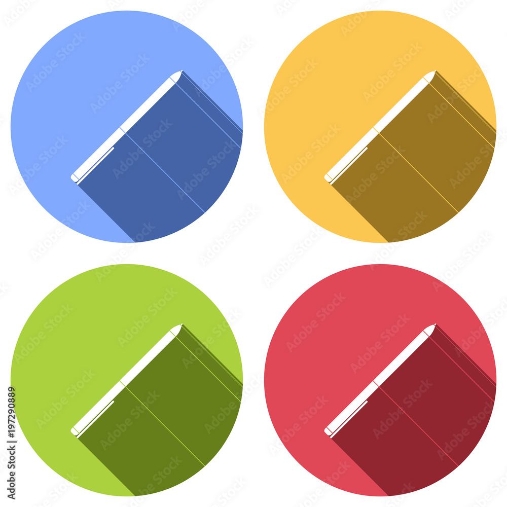 Pen icon. Set of white icons with long shadow on blue, orange, green and red colored circles. Sticker style Pen icon. Set of white icons with long shadow on blue, orange, green and red colored circles. Sticker style