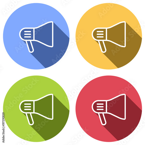 mouthpiece icon. Set of white icons with long shadow on blue, orange, green and red colored circles. Sticker style