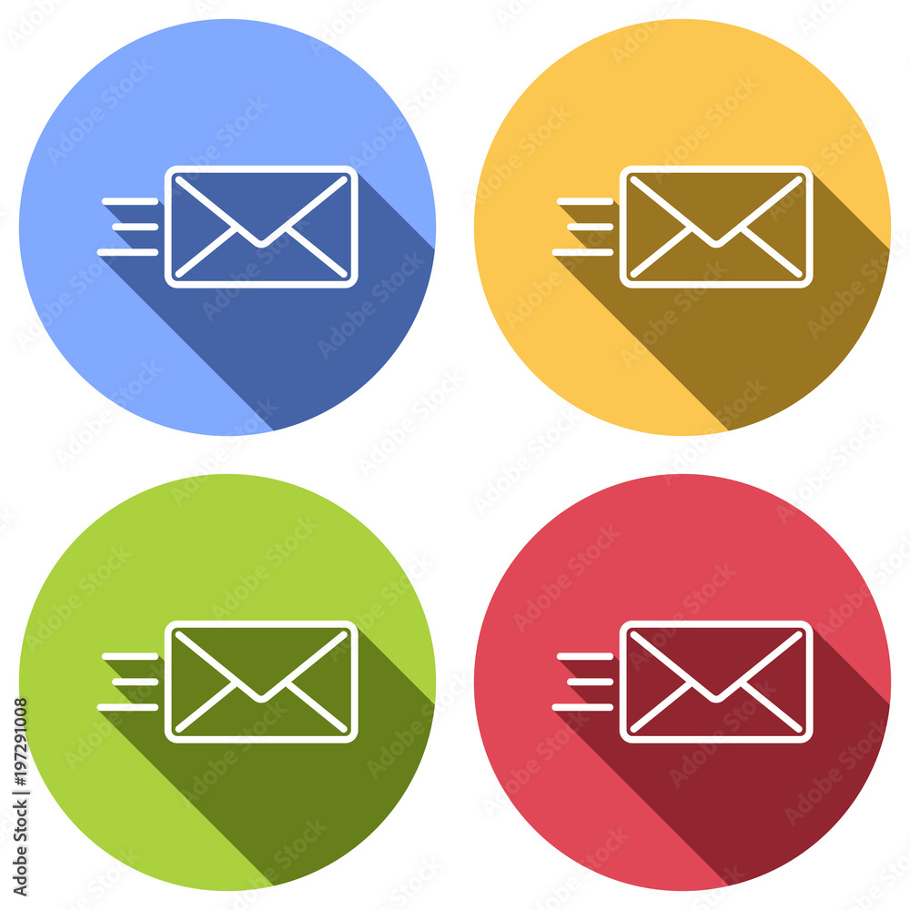 send mail icon. sms line. Set of white icons with long shadow on blue, orange, green and red colored circles. Sticker style send mail icon. sms line. Set of white icons with long shadow on blue, orange, green and red colored circles. Sticker style