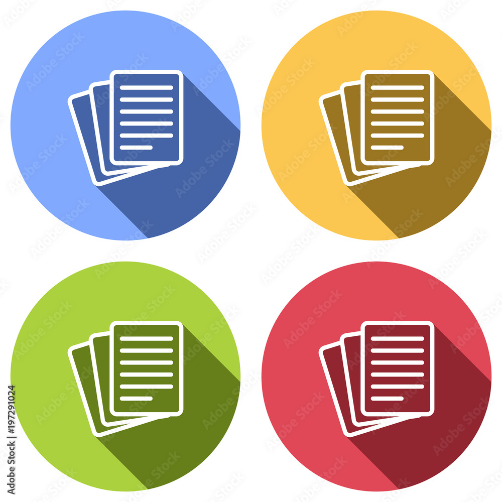 Stack Of Paper icon. Set of white icons with long shadow on blue, orange, green and red colored circles. Sticker style Stack Of Paper icon. Set of white icons with long shadow on blue, orange, green and red colored circles. Sticker style