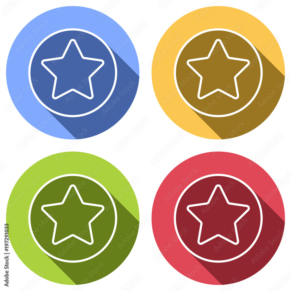 star in circle icon. Set of white icons with long shadow on blue, orange, green and red colored circles. Sticker style star in circle icon. Set of white icons with long shadow on blue, orange, green and red colored circles. Sticker style
