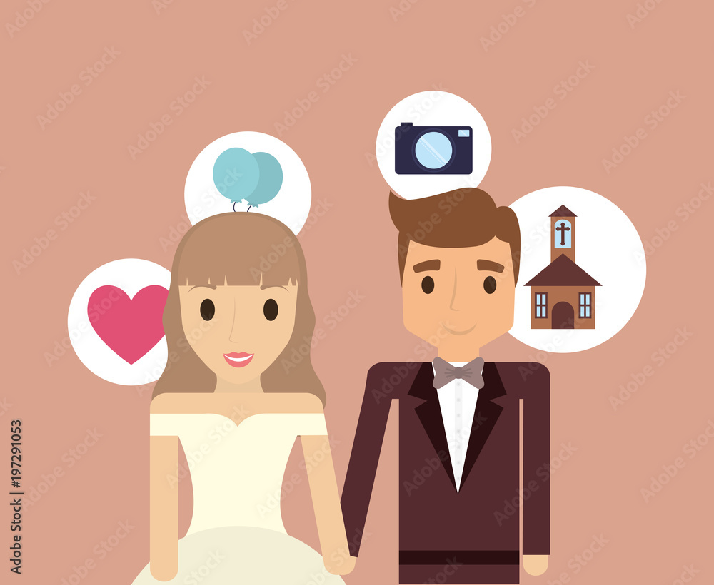 cartoon wedding couple with related icons around over brown background, colorful design. vector illustration cartoon wedding couple with related icons around over brown background, colorful design. vector illustration