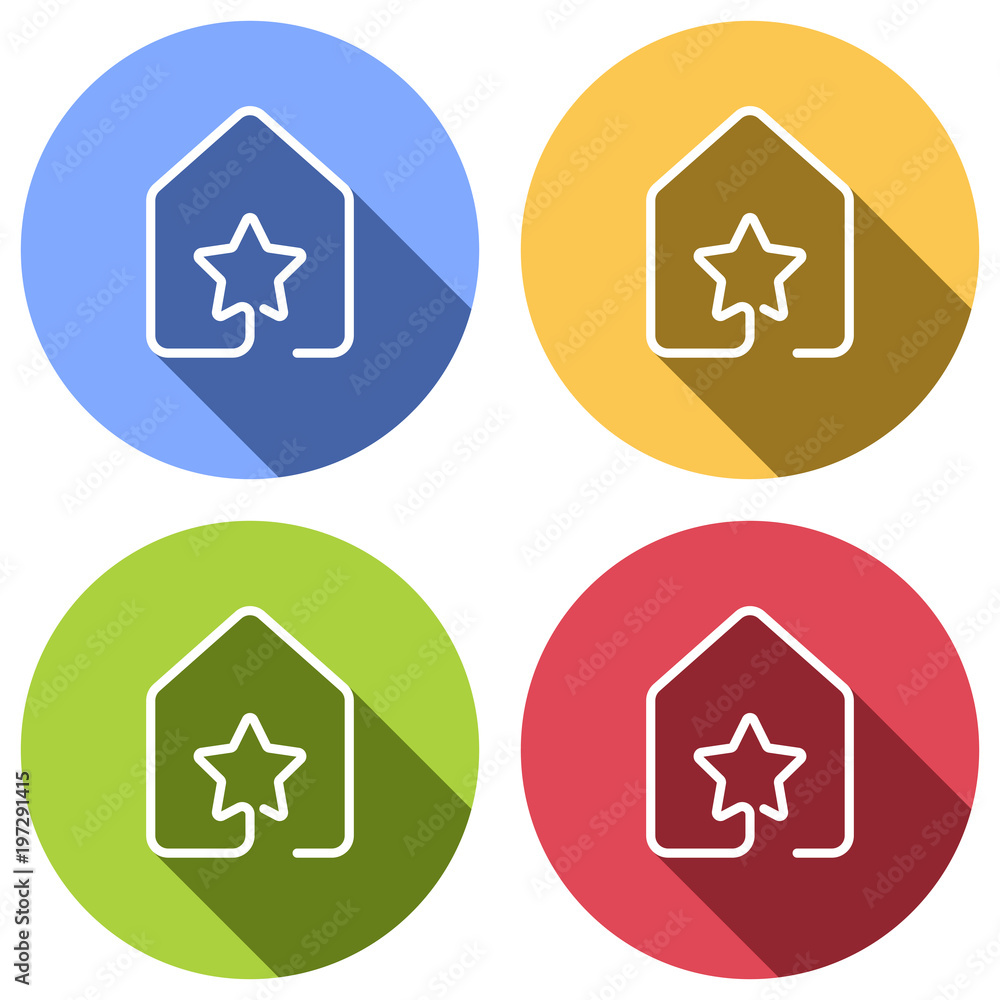 house with star icon. line style. Set of white icons with long shadow on blue, orange, green and red colored circles. Sticker style house with star icon. line style. Set of white icons with long shadow on blue, orange, green and red colored circles. Sticker style