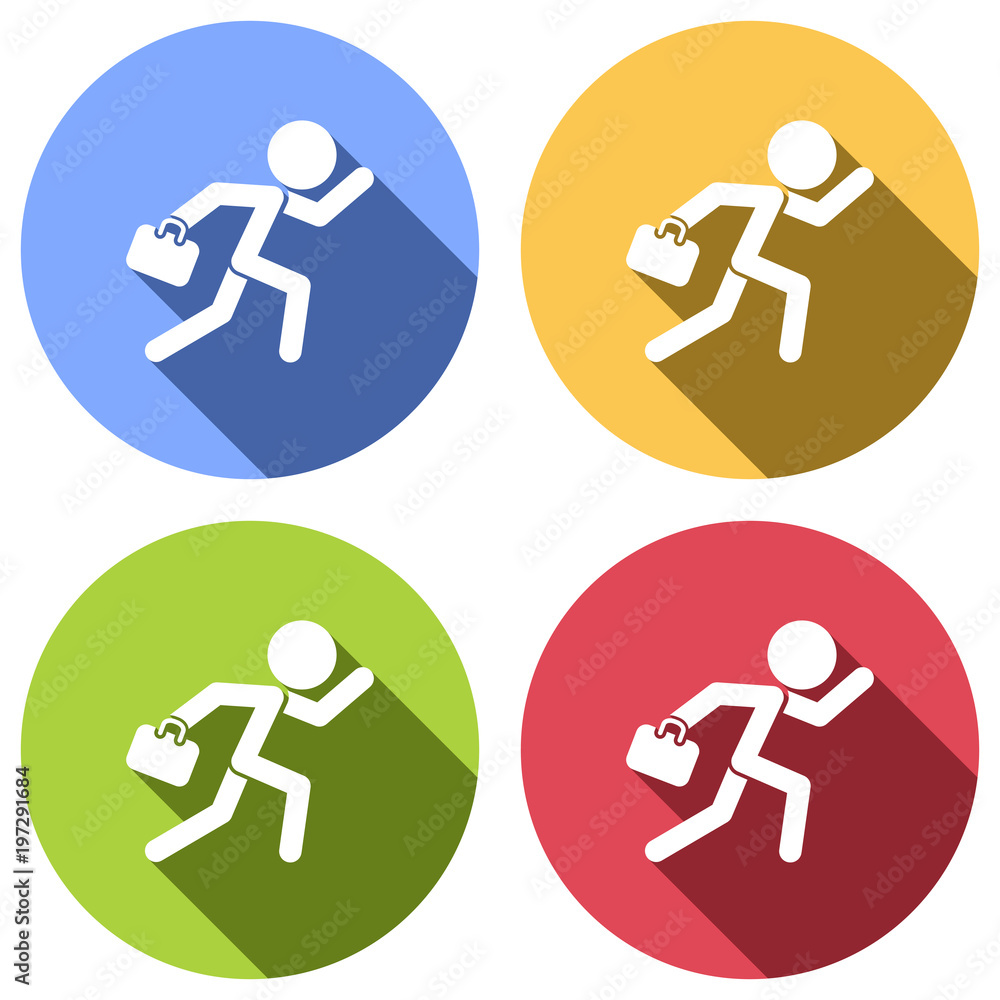 running man with case. Set of white icons with long shadow on blue, orange, green and red colored circles. Sticker style running man with case. Set of white icons with long shadow on blue, orange, green and red colored circles. Sticker style