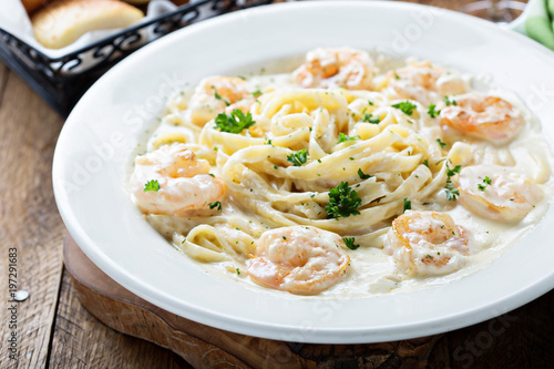 Photography Fettuccine Alfredo with shrimp