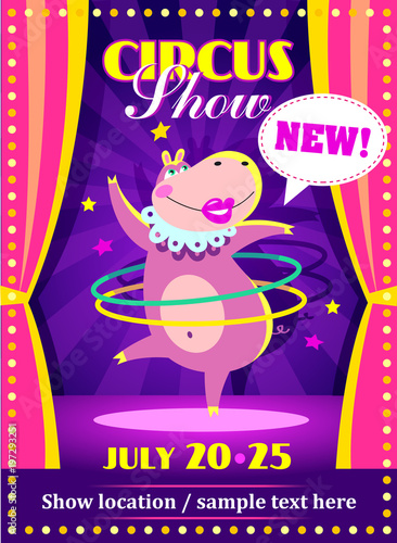 Circus show poster or flier with circus animals in cartoon style.