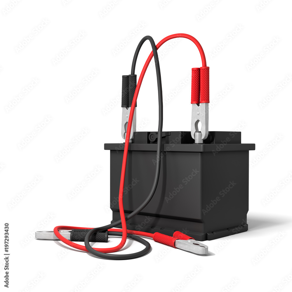 3d rendering of a car battery with red and black battery clamps connected to it but their opposite ends on the ground.