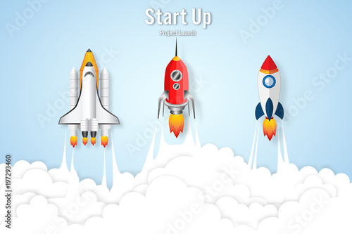 Rocket launch on the clouds sky as paper art, craft style and business Startup project concept. flat design vector illustration.