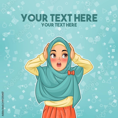 Young muslim woman wearing hijab veil surprised with holding her head, cartoon character design, against tosca background, vector illustration.