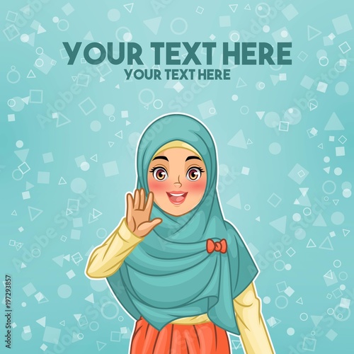 Young muslim woman wearing hijab veil waving with her palm or five fingers gesture, cartoon character design, against tosca background, vector illustration.