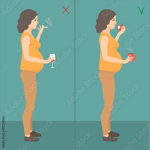 vector illustration of bad mother, prehnant woman smoking cigarette and drinking alcohol. healthy prehnancy lifestyle
