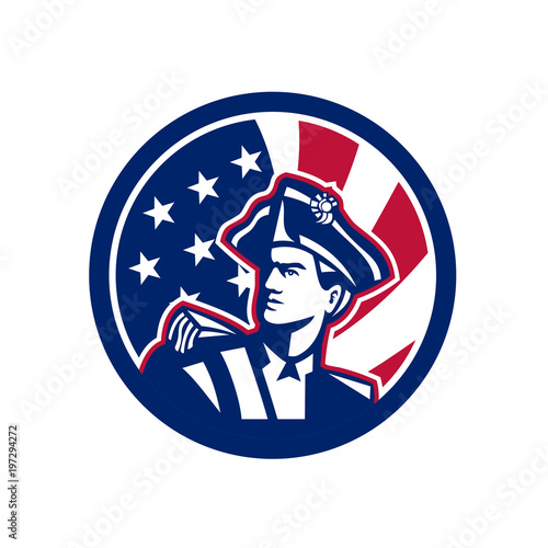 Icon retro style illustration of an American patriot or militia minuteman looking up with United States of America USA star spangled banner or stars and stripes flag inside circle isolated background.