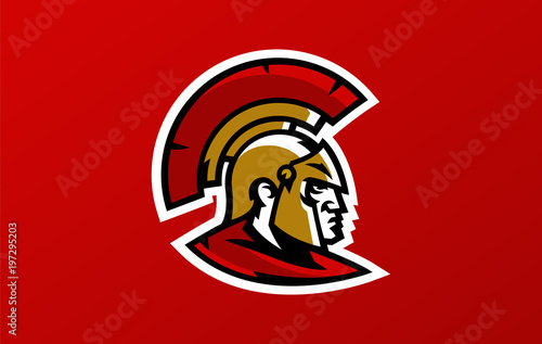 Colorful head logo of the Spartan warrior, Corinthian helmet, Greek soldier, hoplite. Identity sports club, vector illustration.