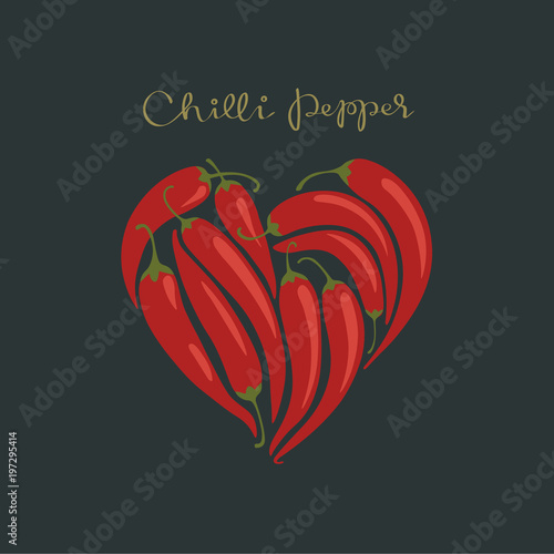 Red hot chilli peppers in a heart shape on the black background.