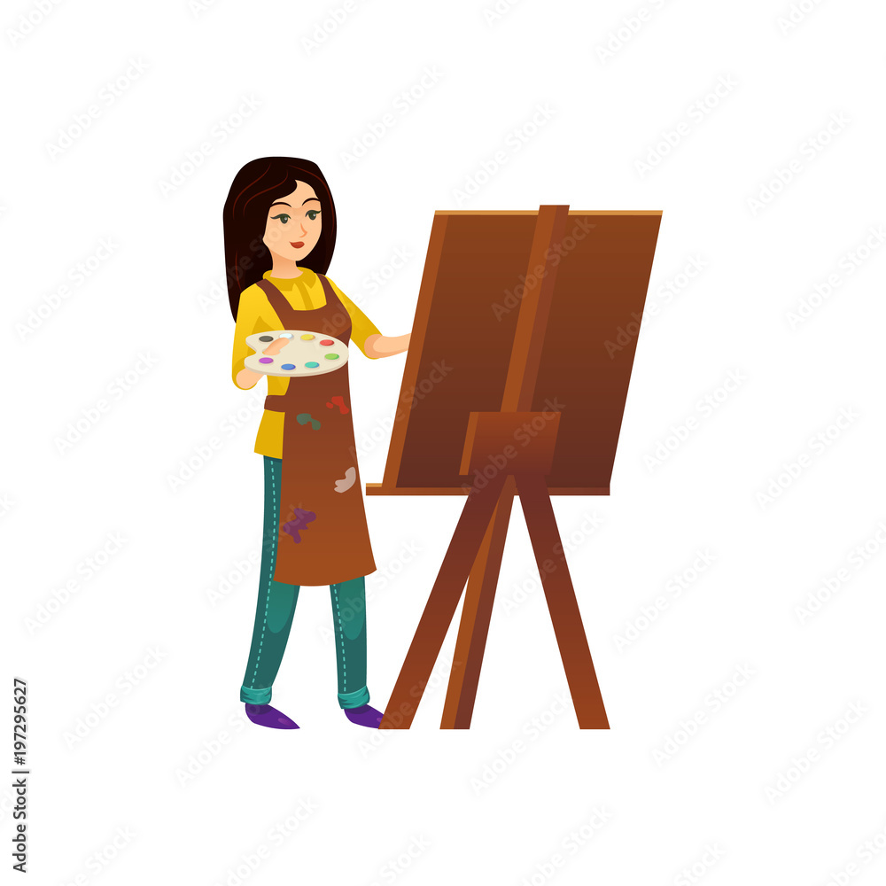 Pretty painter woman with palette standing and drawing at easel isolated on white. Pretty painter woman with palette standing and drawing at easel isolated on white.