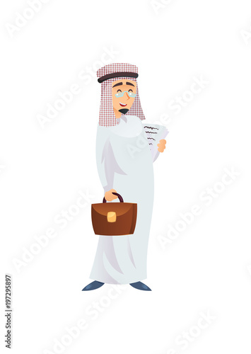 Cheerful Arabian businessman in traditional clothes standing with briefcase and papers.