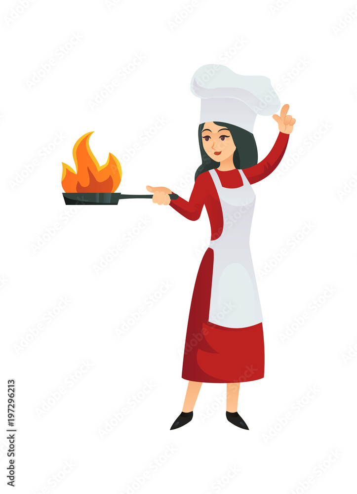 Woman chef in apron standing with frying pan and doing flambe isolated on white. Woman chef in apron standing with frying pan and doing flambe isolated on white.