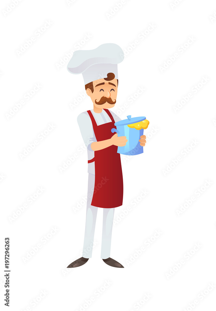 Cheerful adult chef with mustache holding pot on white background. Cheerful adult chef with mustache holding pot on white background.