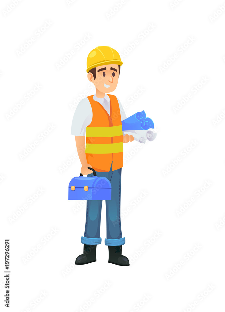 Flat design of content man in uniform of constructor holding blueprints and instrument box. Flat design of content man in uniform of constructor holding blueprints and instrument box.