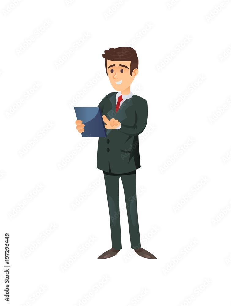 Vector character of content formal man in suit using portable pad isolated on white. 