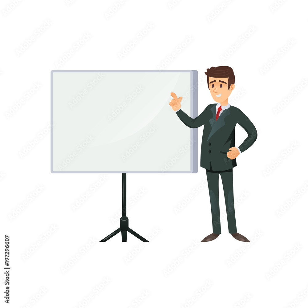 Flat design of office worker pointing at board doing business presentation. Flat design of office worker pointing at board doing business presentation.