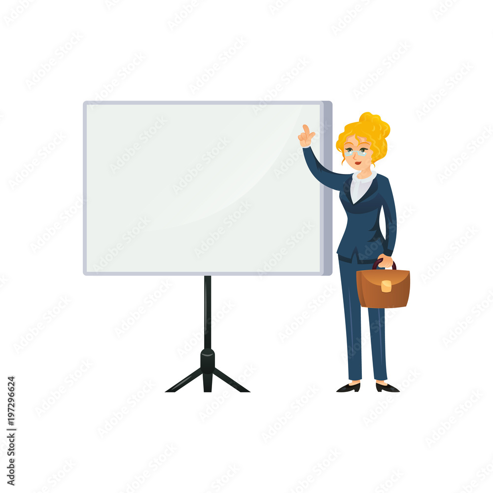 Flat style of businesswoman character with briefcase pointing at interactive board. Flat style of businesswoman character with briefcase pointing at interactive board.