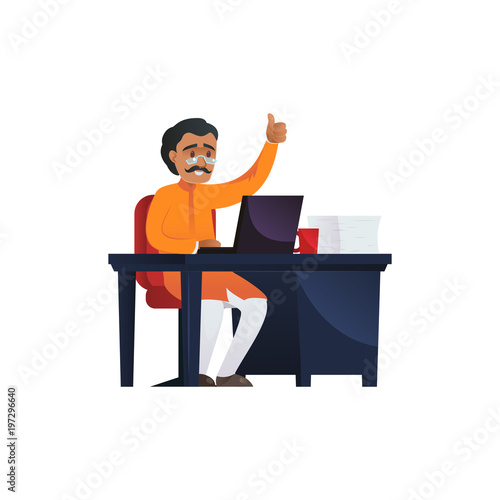 Flat design of Indian man working at desk in office showing thumb up. 