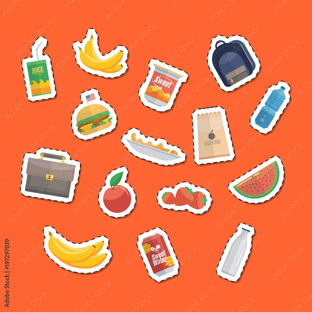 Fototapeta premium Cut-out different tasty food and bag with backpack on orange background.