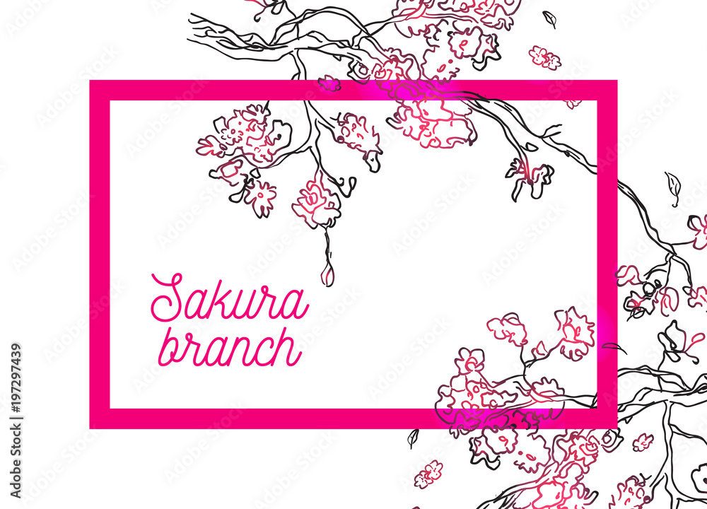 Vector banner with pink frame and black sketch of sakura branch on white backdrop. 