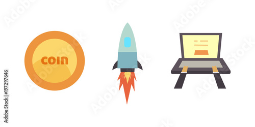 Token ICO vector illustration and blockchain technology icons.