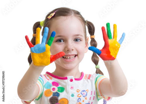 cute kid girl have fun coloring her hands