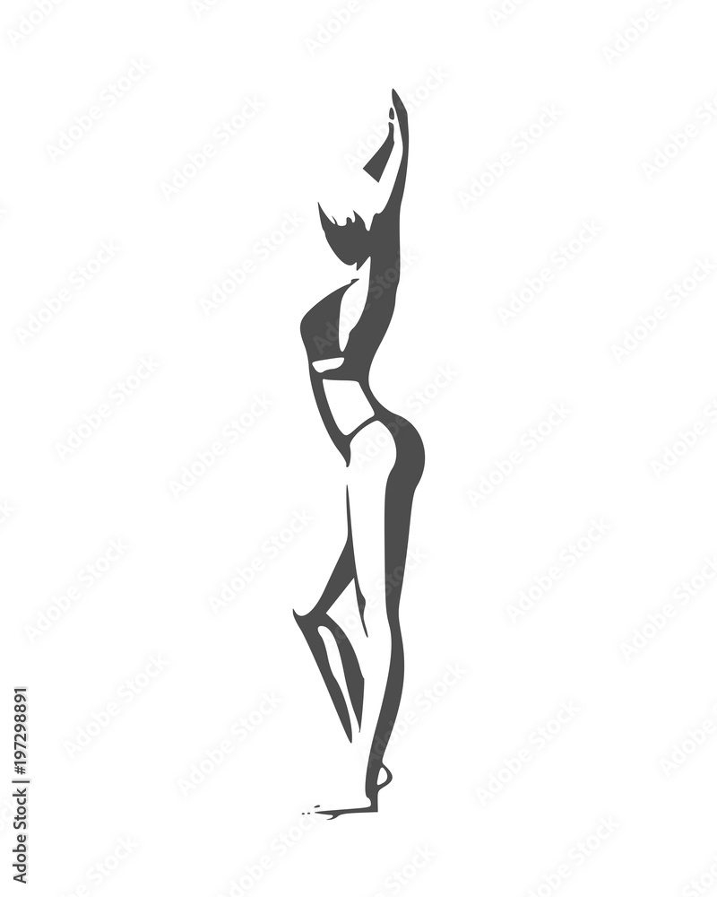 Fototapeta premium Beautiful sexy fitness girl. Pretty woman wearing bikini. Side view.