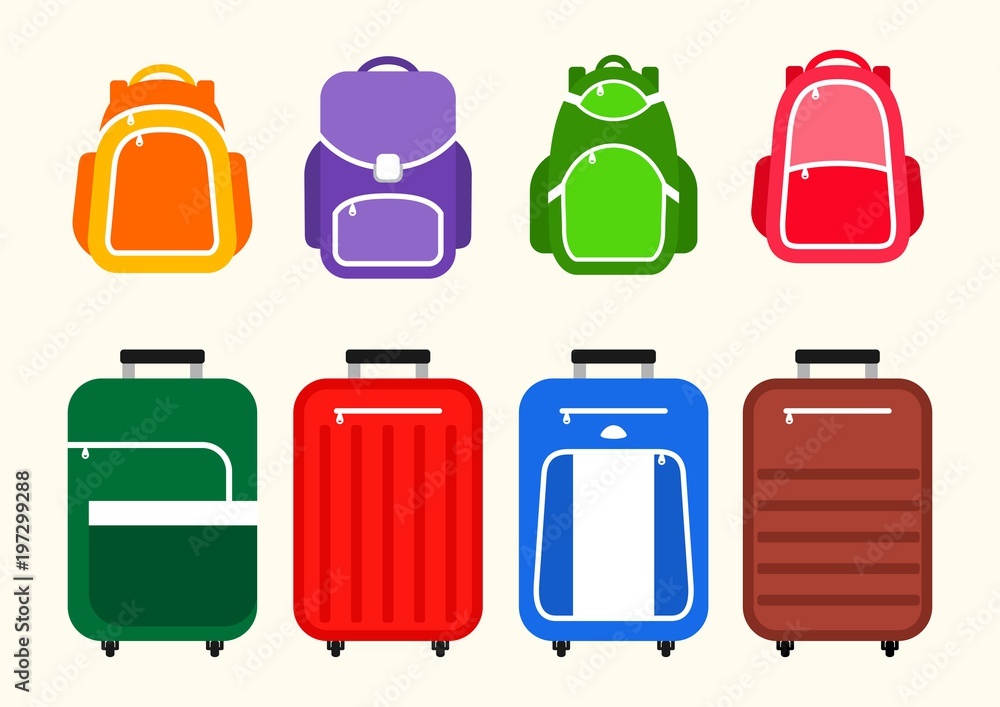 Set of suitcases and backpacks icons. School backpacks. Travel suitcases on wheels. Vector illustration. Set of suitcases and backpacks icons. School backpacks. Travel suitcases on wheels. Vector illustration.
