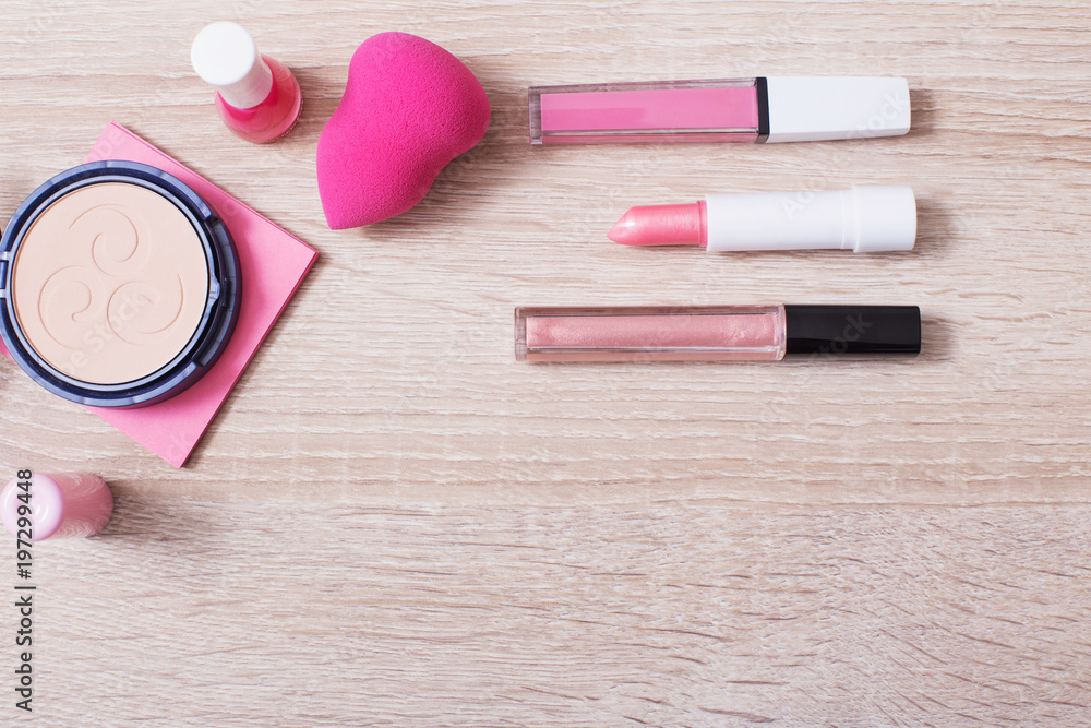 Naklejka premium female pink cosmetics, top view