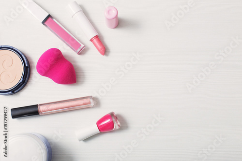 female pink cosmetics, top view