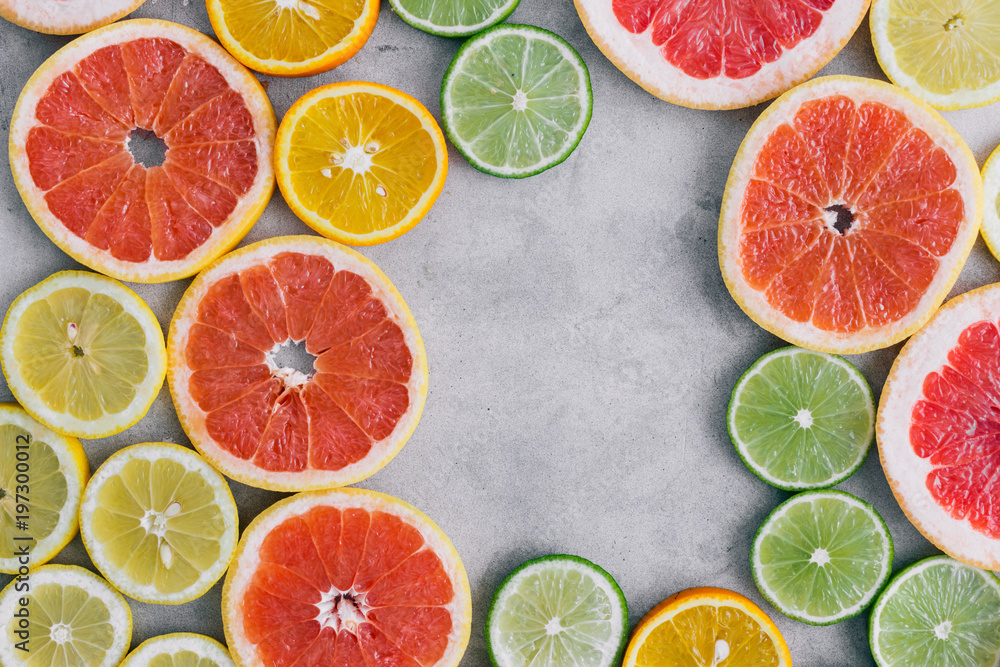 Summer background Top view sliced citrus fruit Flat lay Summer background Top view sliced citrus fruit Flat lay