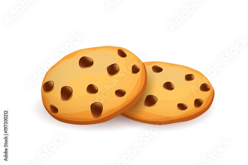 Realistic chocolate chip cookies. Cookies isolated on white background. Vector illustration.