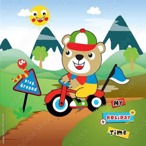 happy bear cartoon vector on the bike