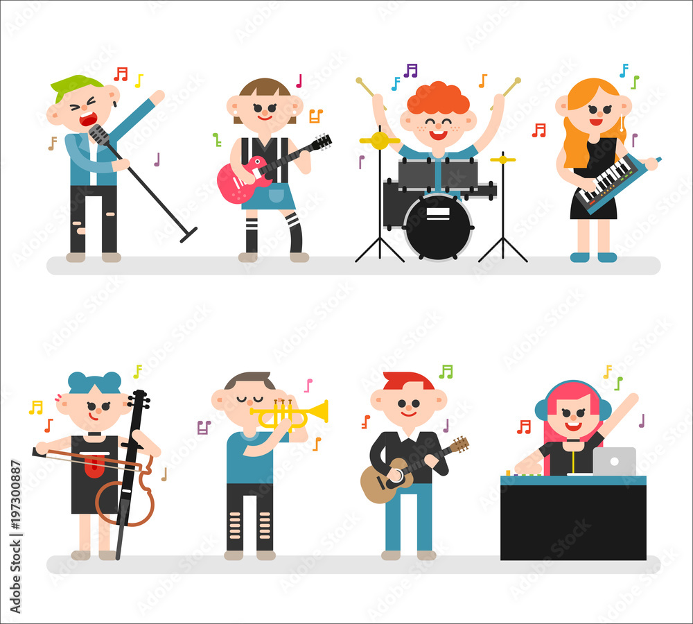 cute musician characters. vector flat design illustration set cute musician characters. vector flat design illustration set