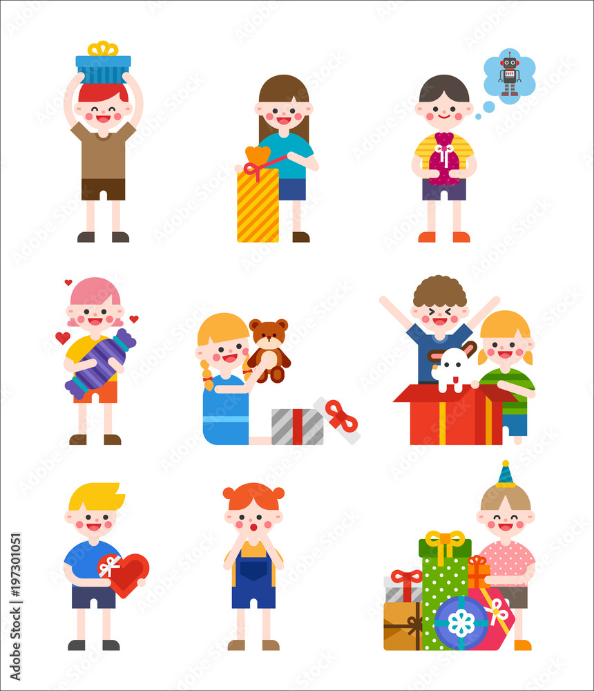 Children receiving presents. vector flat design illustration set Children receiving presents. vector flat design illustration set