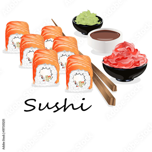 Illustration of roll sushi with salmon, prawn, avocado, cream cheese. Sushi menu. Japanese food isolated.