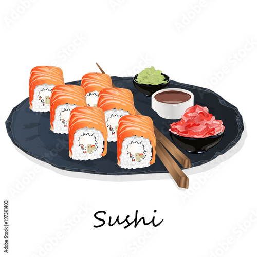 Illustration of roll sushi with salmon, prawn, avocado, cream cheese. Sushi menu. Japanese food isolated.