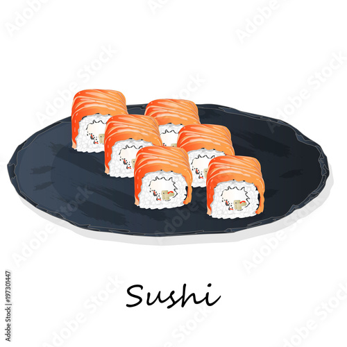 Illustration of roll sushi with salmon, prawn, avocado, cream cheese. Sushi menu. Japanese food isolated.