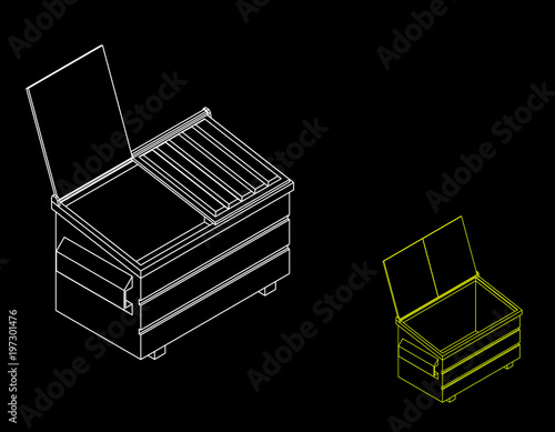 Recycling dumpster. Isolated on black background. Vector outline illustration. Isometric projection.