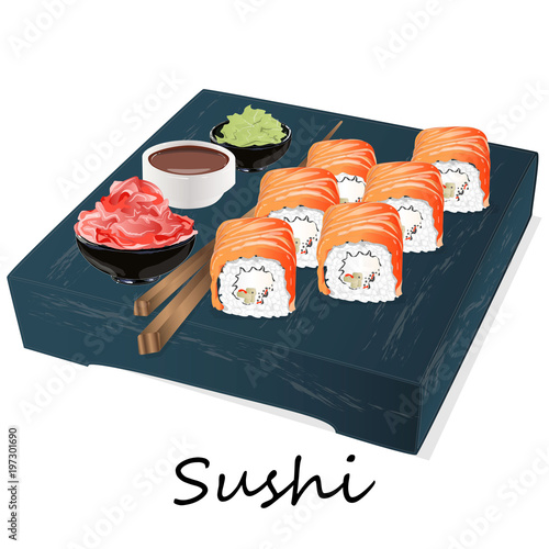 Illustration of roll sushi with salmon, prawn, avocado, cream cheese. Sushi menu. Japanese food isolated.