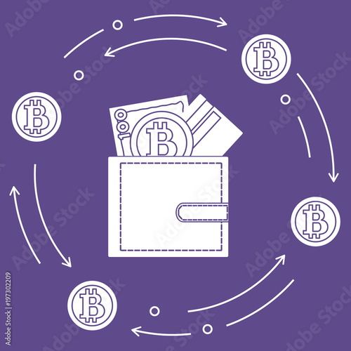 Purse with banknote, credit card and bitcoin.