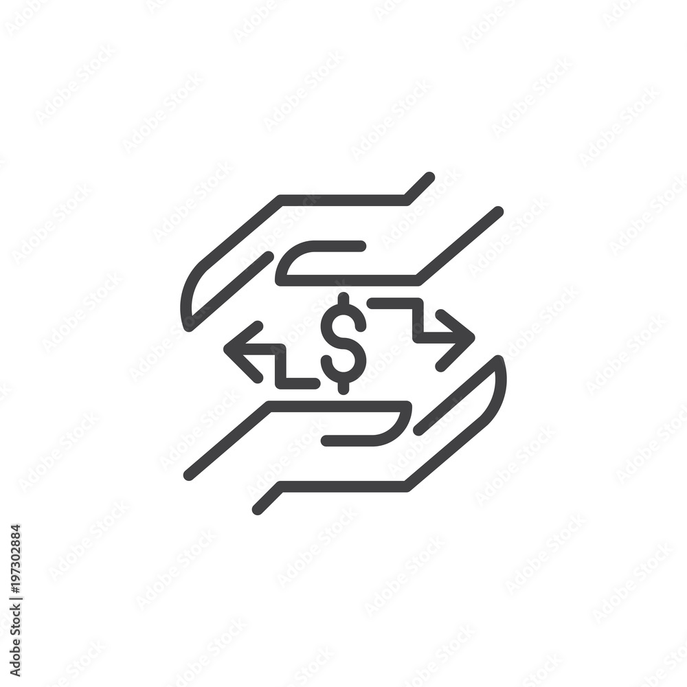 Hands with dollar exchange sign outline icon. linear style sign for mobile concept and web design. simple line vector icon. Symbol, logo illustration. Pixel perfect vector graphics Hands with dollar exchange sign outline icon. linear style sign for mobile concept and web design. simple line vector icon. Symbol, logo illustration. Pixel perfect vector graphics